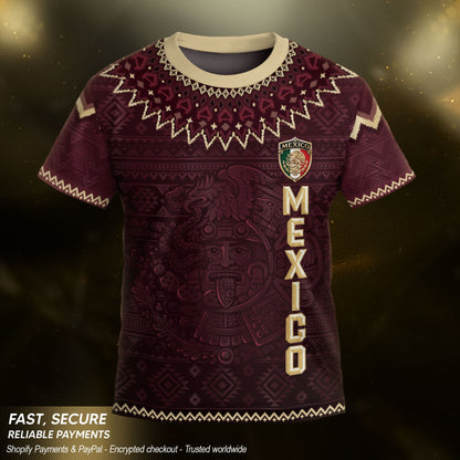 Mexico Soccer Jersey Kids Shorts Set Maroon Aztec Culture Youth Football Outfit Kit