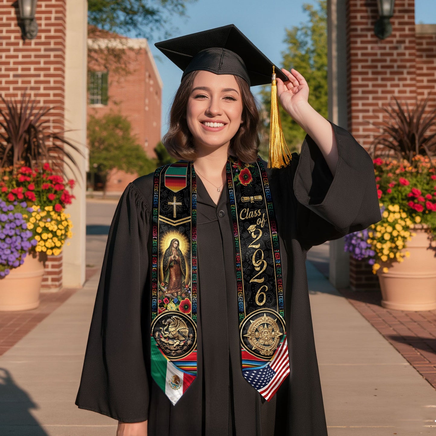 Class of 2026 Mexico Graduation Stole, Eagle & Aztec Sun Stone Heritage Serape