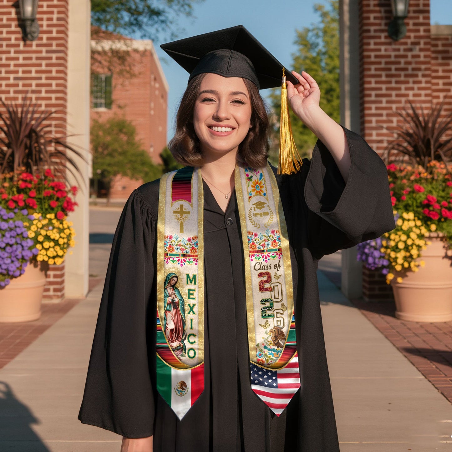 Mexican Graduation Stole Class of 2026 – Guadalupe Catholic Mexico Flag Sash