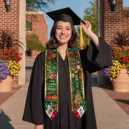 Mexico Graduation Stole Class of 2026 – Mexican Heritage Virgen Guadalupe Sash