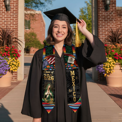 Mexican Graduation Stole 2026, Graduation Sash Mexico, Virgen de Guadalupe Mexican Stole, Mexico Graduation Sash