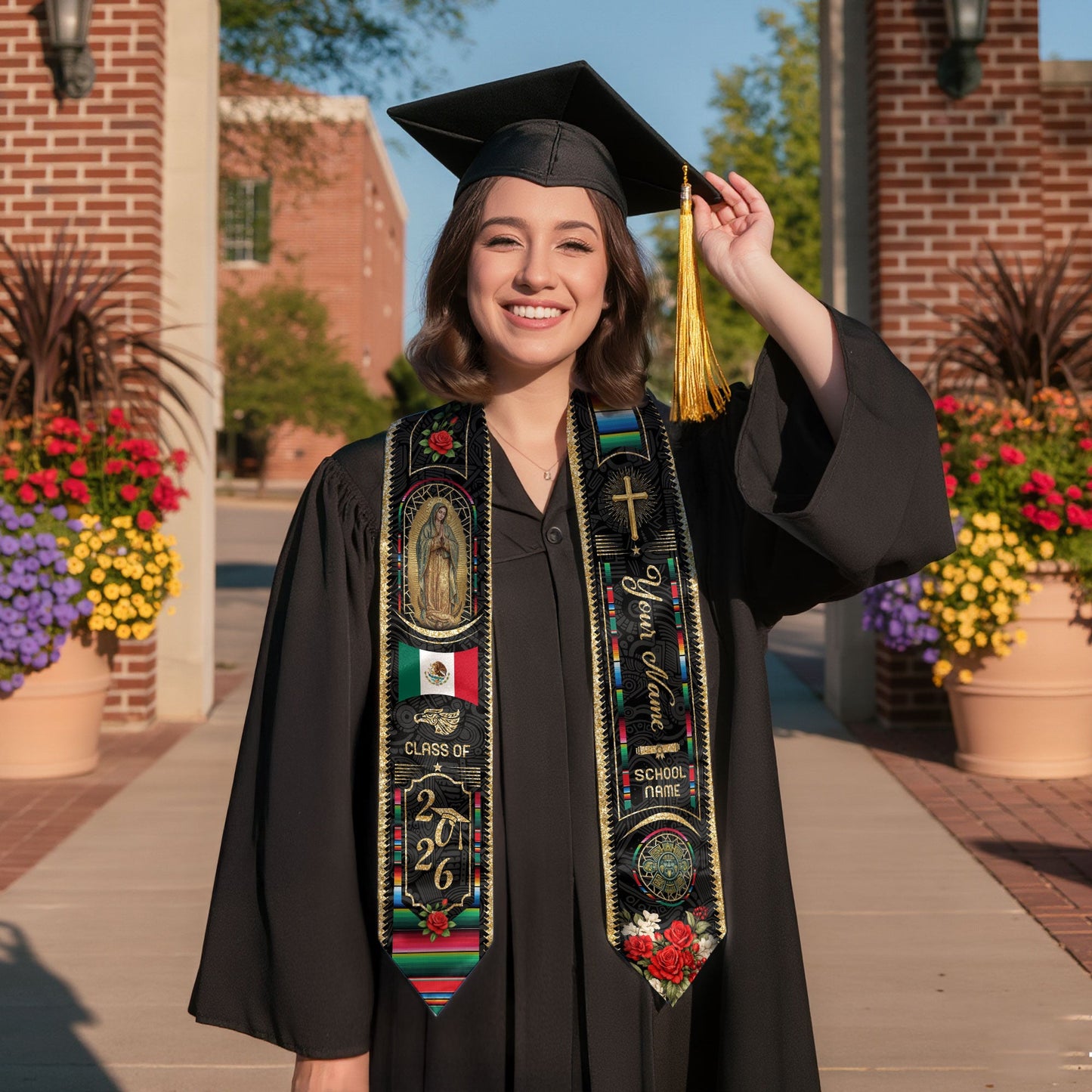 Custom Mexico Graduation Stole 2026 - Virgin of Guadalupe & Serape Aztec Sash