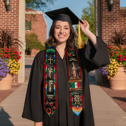 Custom Mexico Graduation Stole 2026 - Mexican Red Serape & Virgin of Guadalupe Sash