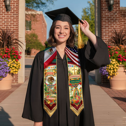 Custom Mexico Graduation Stole 2026 – Eagle Guadalupe USA Flag Serape Sash