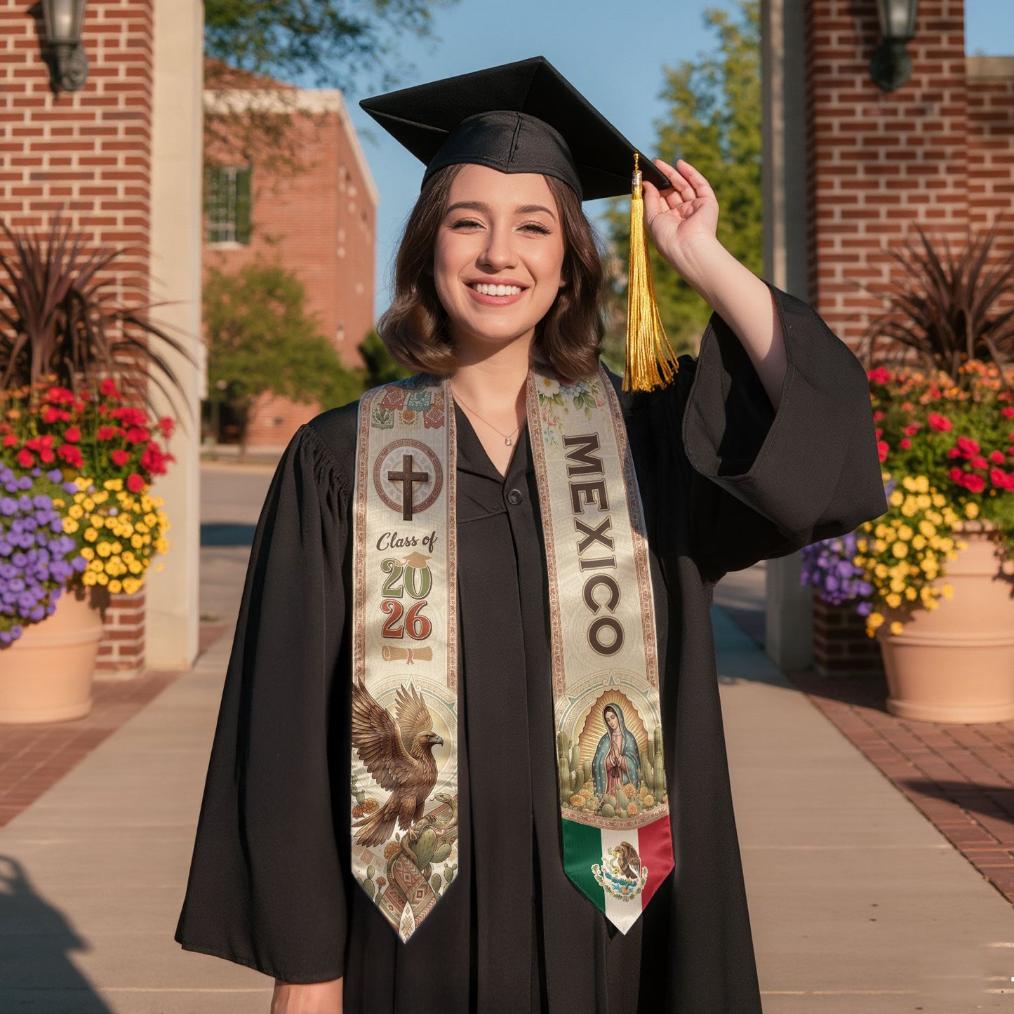 Mexico Graduation Stole 2026 Eagle Cactus Virgin Mary Cross Vintage Catholic Design