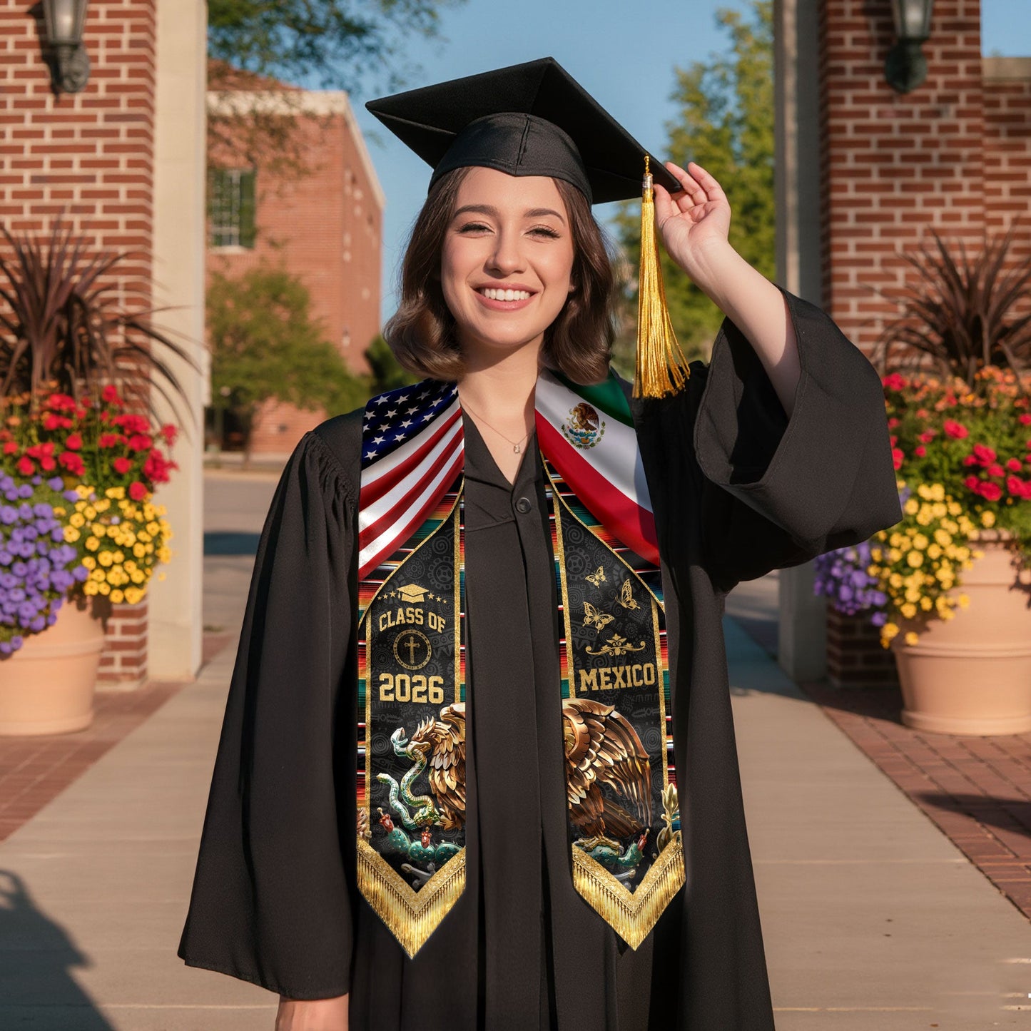Mexico USA Graduation Stole Class of 2026 - Virgin Mary Dual Flag Heritage Sash