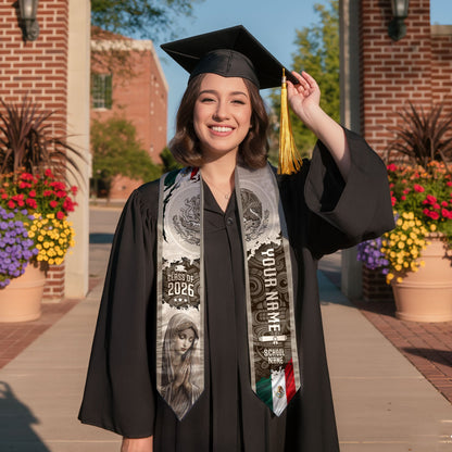 Custom Mexican Graduation Stole Class of 2026 Virgin Mary Guadalupe Heritage Sash Gift