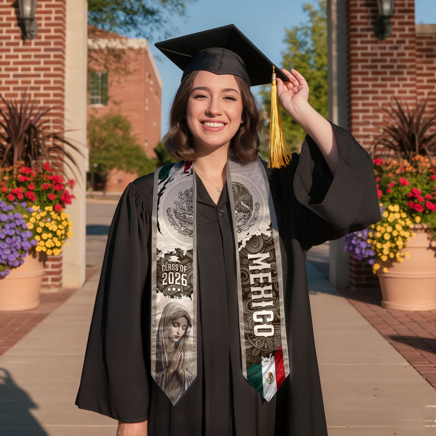 Mexico Graduation Stole Class of 2026 Virgin Mary Guadalupe Heritage Sash Gift