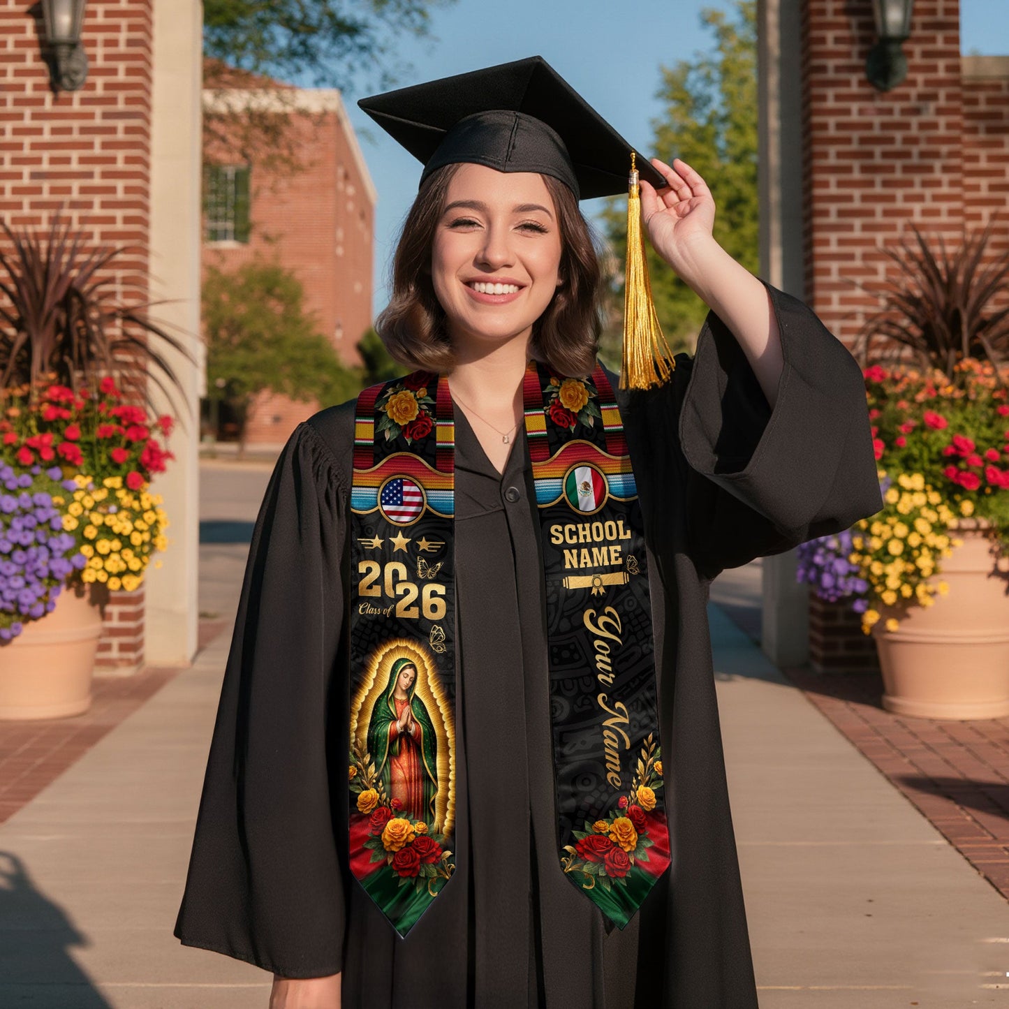 Mexican Graduation Stole 2026 – Virgin Mary, USA & Mexico Flag, Name & School Personalized Sash
