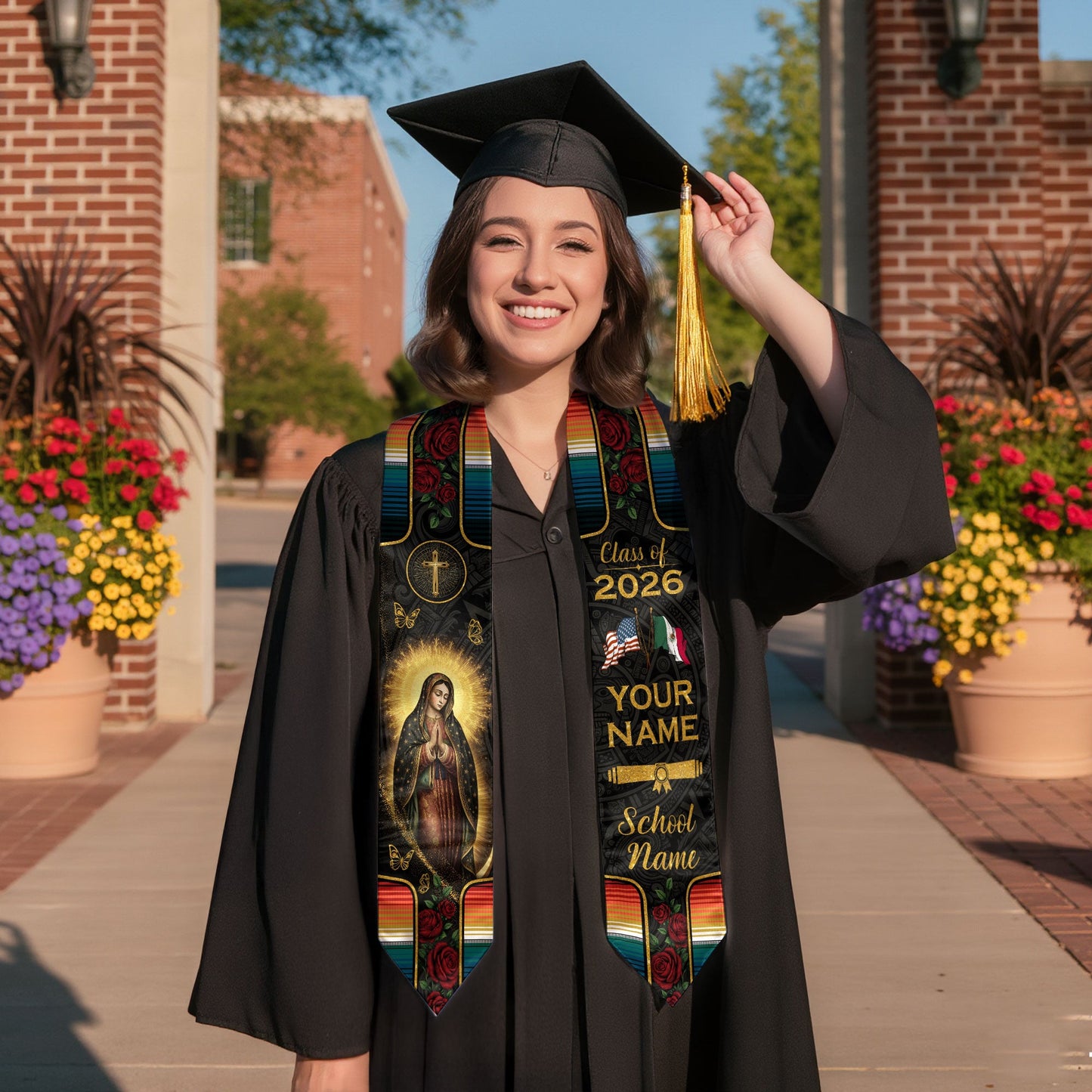 Mexico Graduation Stole Custom Name Class of 2026 Virgin Mary USA Mexico Flag Sash
