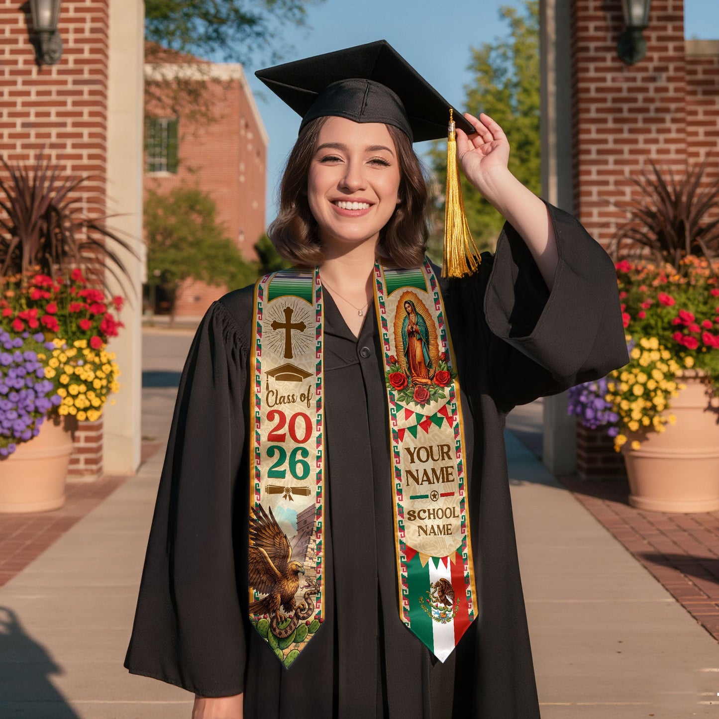 Custom Mexican Stole with Our Lady of Guadalupe & Eagle - Class of 2026 Heritage Sash