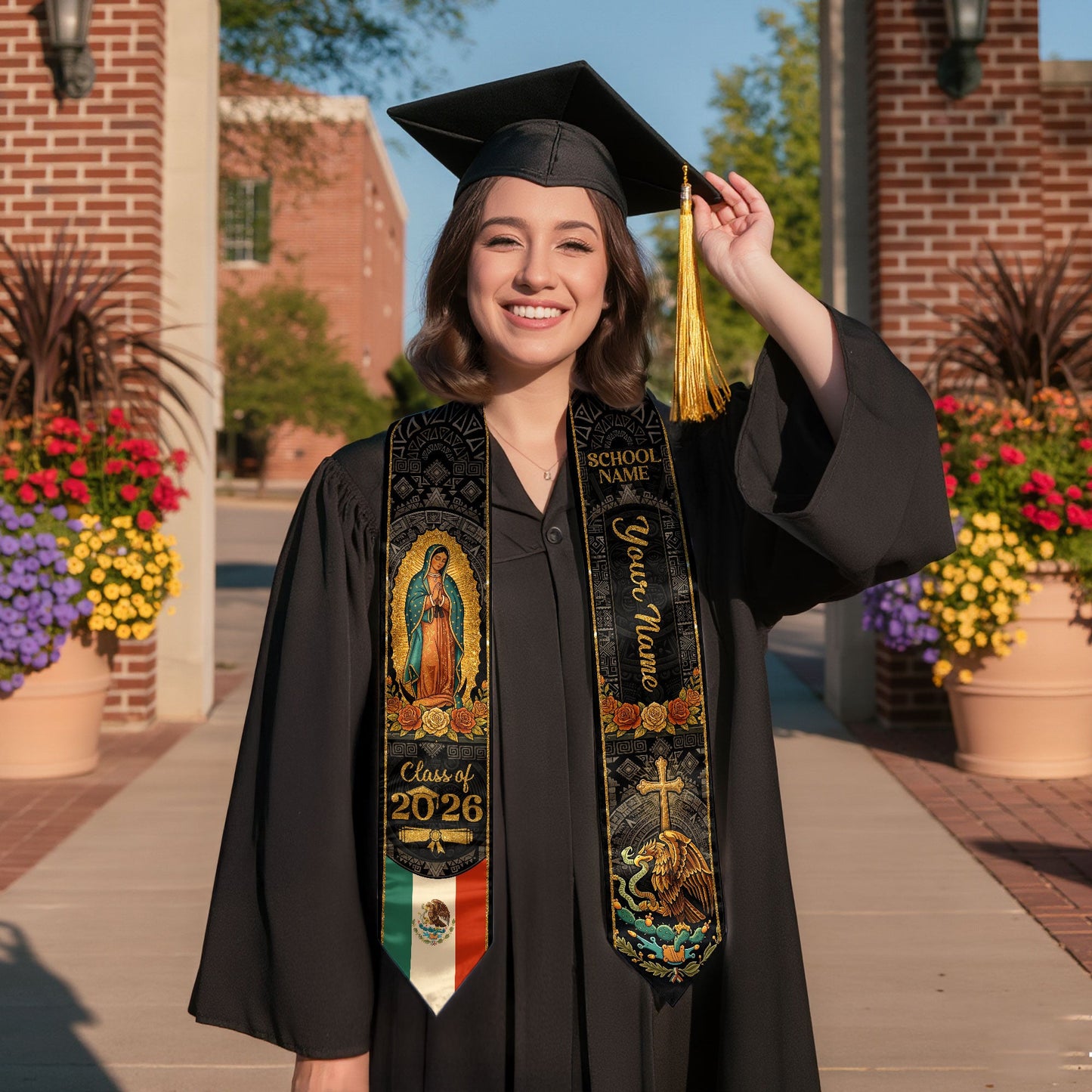 Personalized Mexican Graduation Stole 2026 - Our Lady of Guadalupe Aztec Heritage Sash