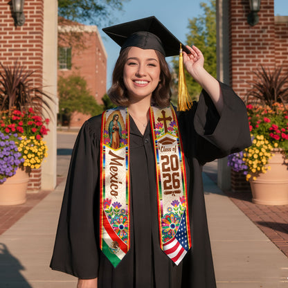 Mexico USA Flag Graduation Stole 2026 - Mexican American Heritage Graduation Sash