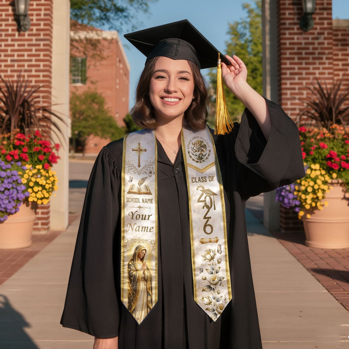Custom Mexico Graduation Stole - Class of 2026 Mexican Heritage Stole Gold Cross