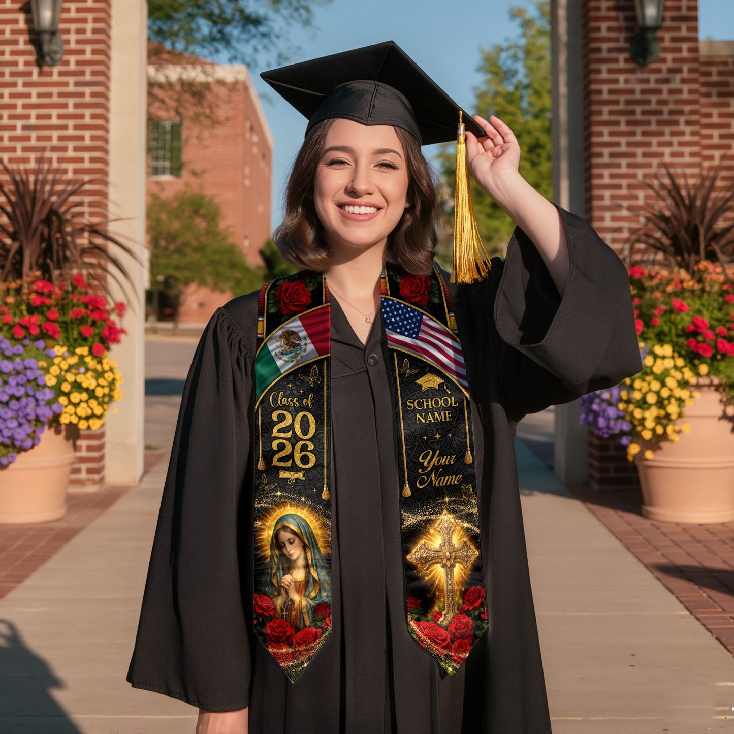 Custom Mexico Graduation Stole Class of 2026 Virgin Mary Cross Mexican Flag Sash