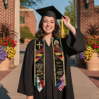 Custom Mexico Graduation Stole 2026 Virgin Mary Cross Mexican US Flag Gold Glitter Sash