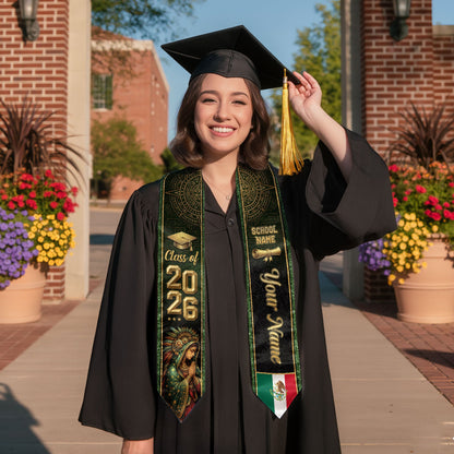 Personalized Mexico Graduation Sash 2026 - Virgin Mary Green Glitter Heritage Stole