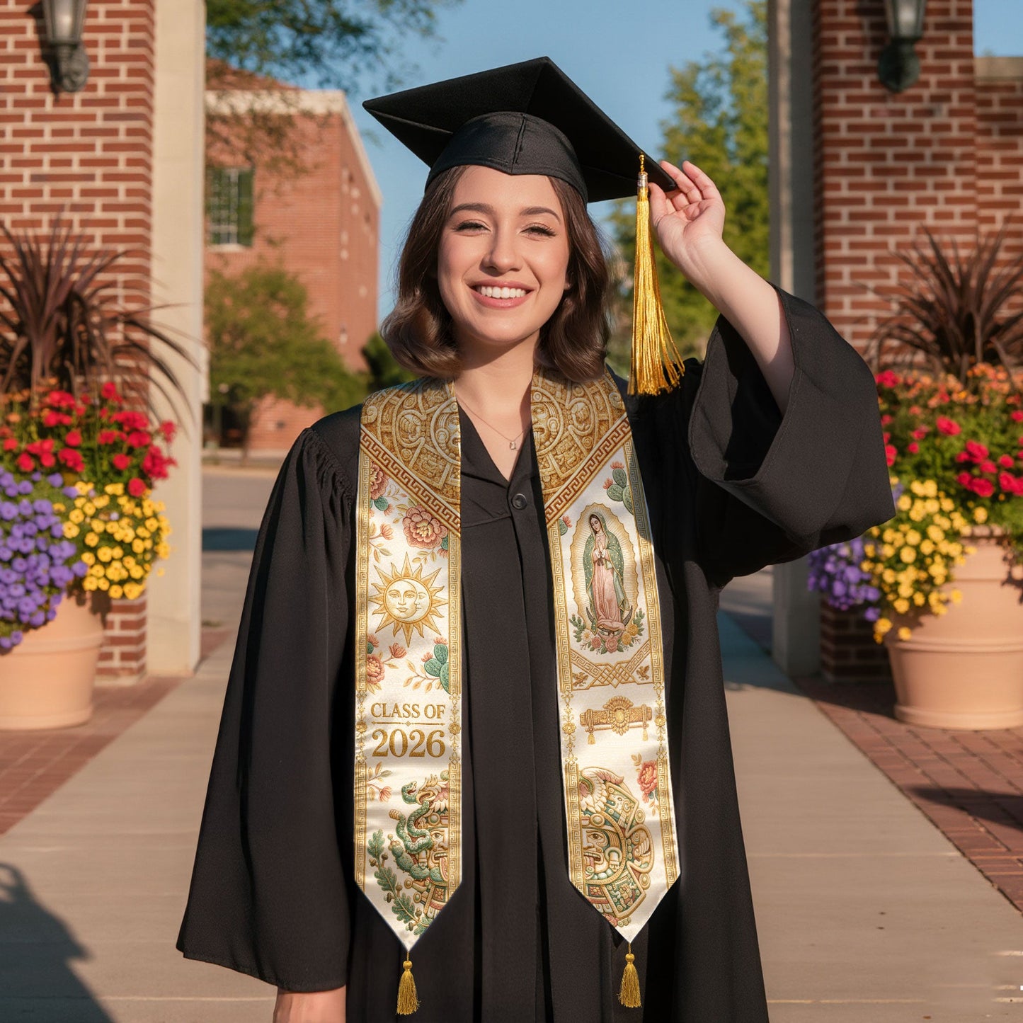 Mexico Graduation Stole Class of 2026 Sun Moon Virgin Guadalupe Floral Tassel Sash
