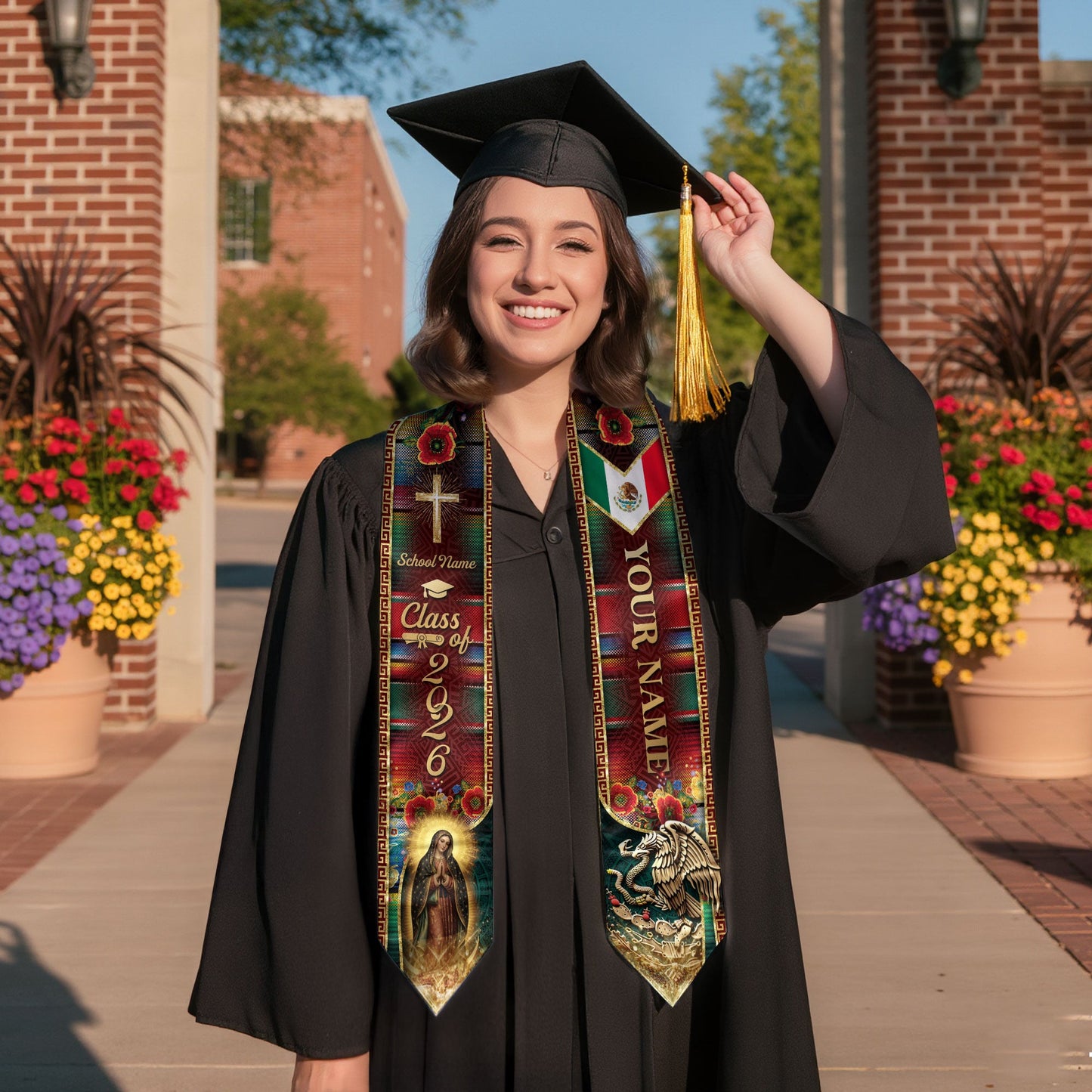Custom Mexican Heritage Graduation Stole 2026 Virgin Mary Serape Eagle Sash