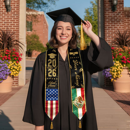 Personalized Mexico USA Golden Tassels Edition Class of 2026 Graduation Stole