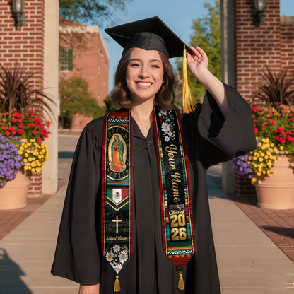 Custom White Floral Mexico Graduation Stole Tassel Class of 2026 Virgin Mary Sash Gift
