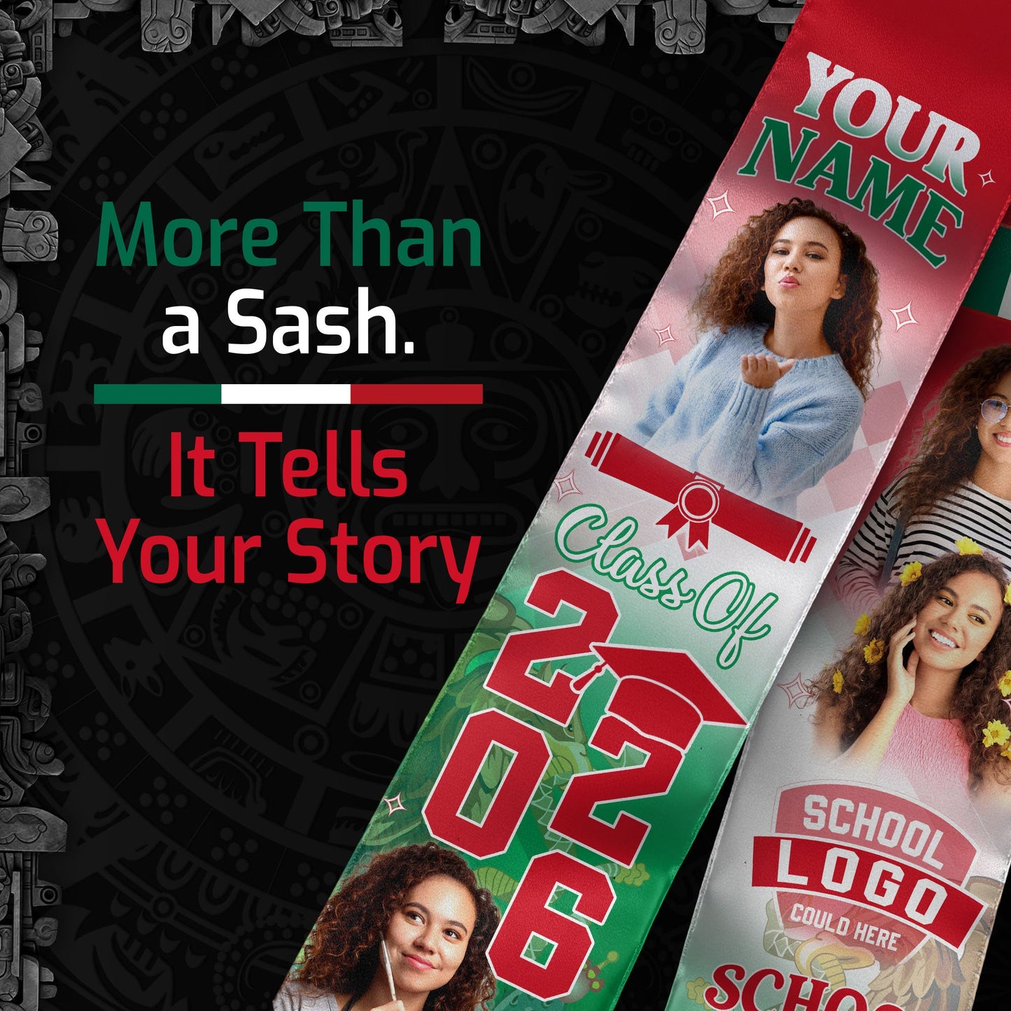 Mexico Aztec Stole 2026 for Graduate, Custom Photo Mexican Graduation Sash
