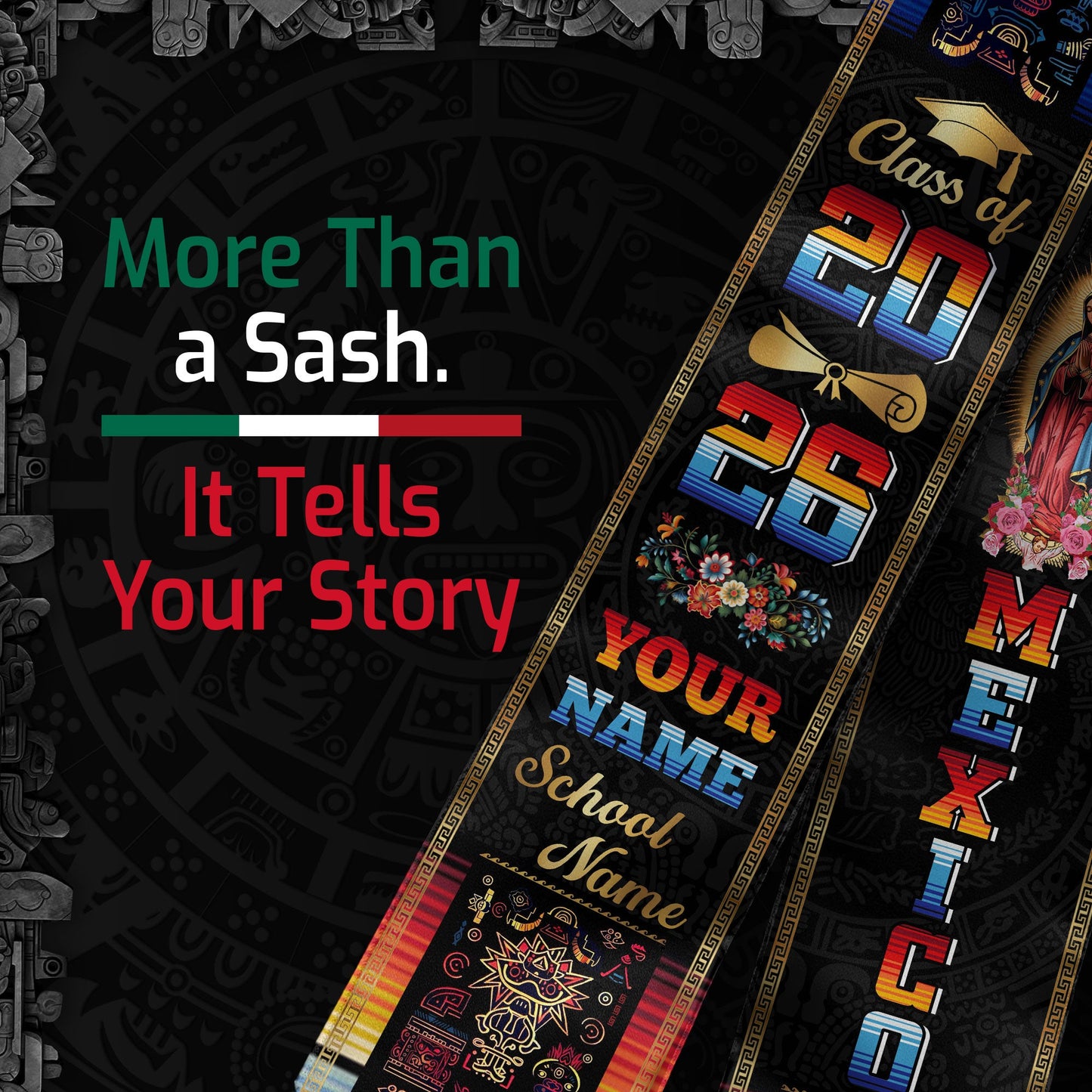 Mexican Aztec Graduation Stole 2026, Custom Mexico Sash for Graduate Celebration