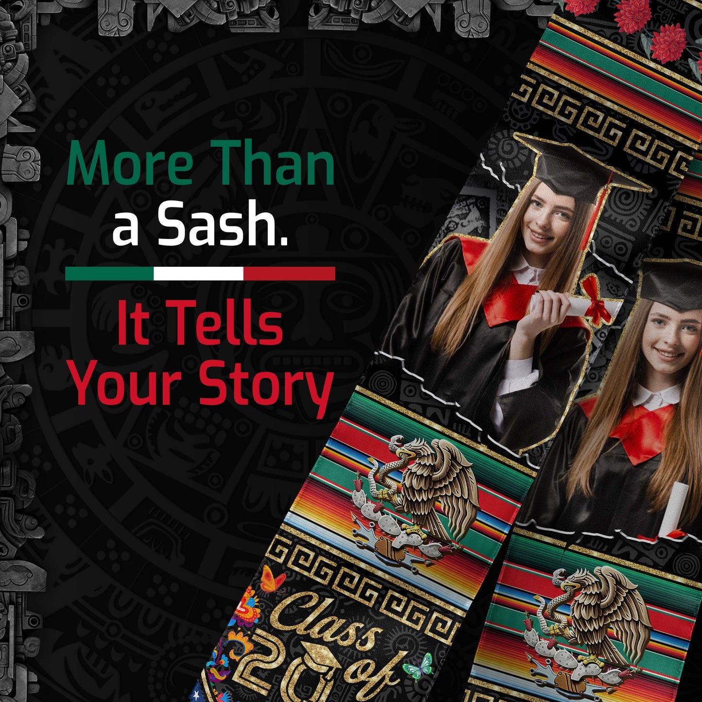 Custom Photo Mexican Graduation Stole 2026 Aztec Eagle & USA Flag Graduation Sash Mexican