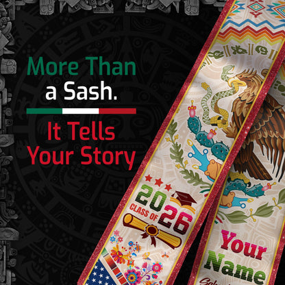 Personalized 2026 Graduation Stole – USA & Mexico Eagle Heritage Senior Sash with Serape Pattern Design