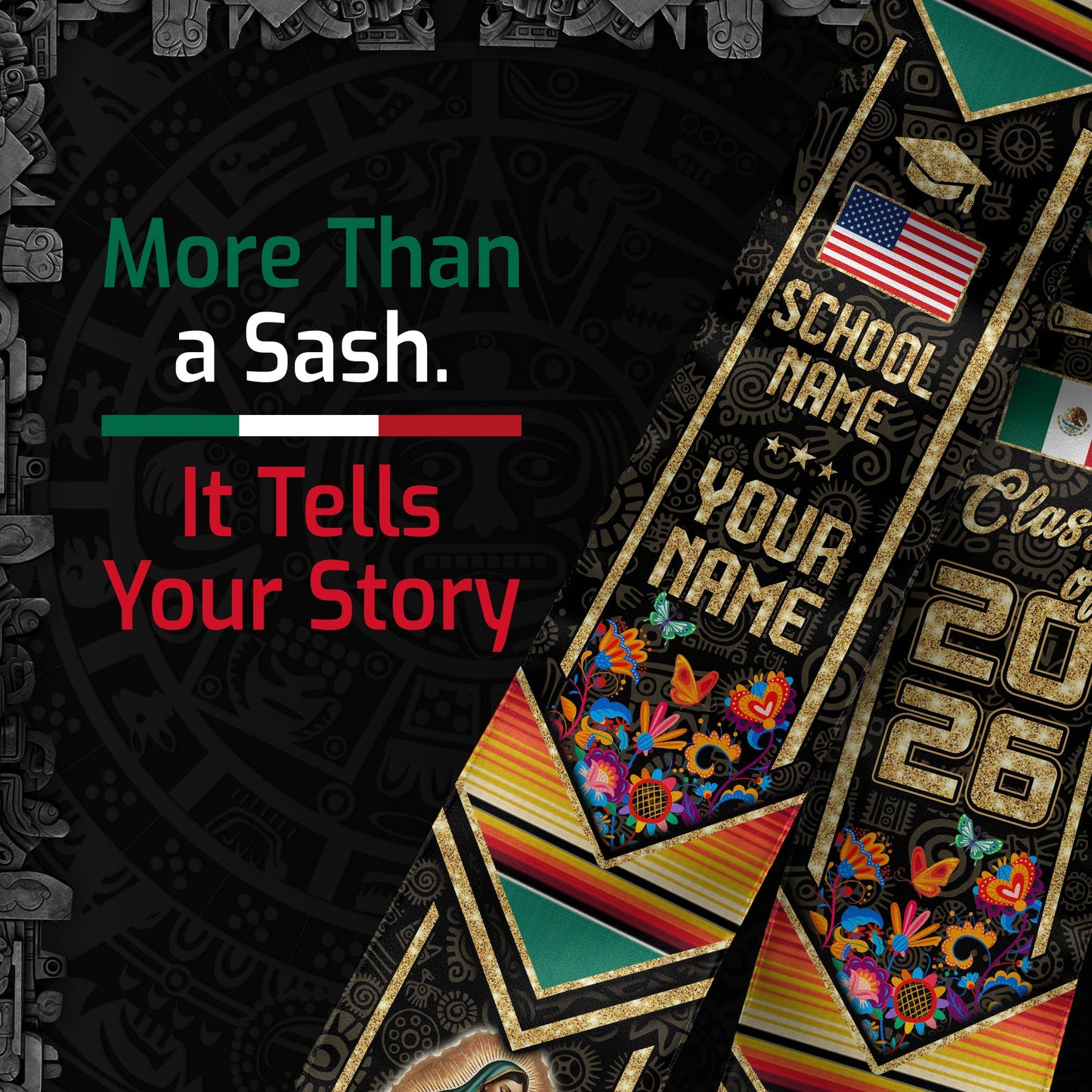 Custom Virgen de Guadalupe 2026 Graduation Stole – Personalized Mexican Heritage Class Sash