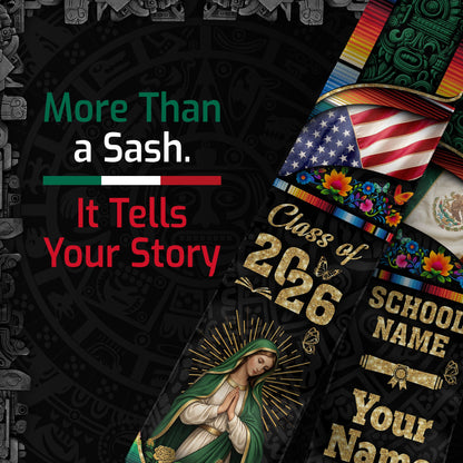 Custom Virgen de Guadalupe Class of 2026 Graduation Stole – USA & Mexico Flag Personalized Senior Sash
