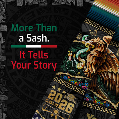 Custom Aztec Eagle Class of 2026 Graduation Stole – USA & Mexico Flag Personalized Senior Sash