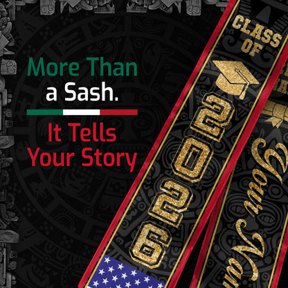 Mexican Graduation Stole Custom Name Mexico Sash Aztec Gold Glitter USA Flag 2026