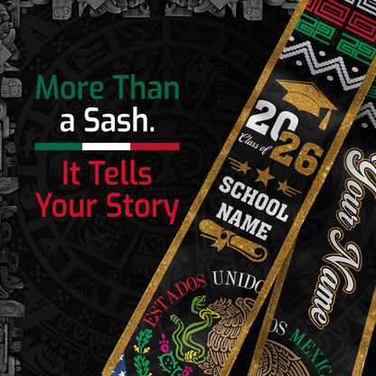 Custom Mexican Graduation Stole Mexico USA Flag Aztec Eagle Glitter Class 2026