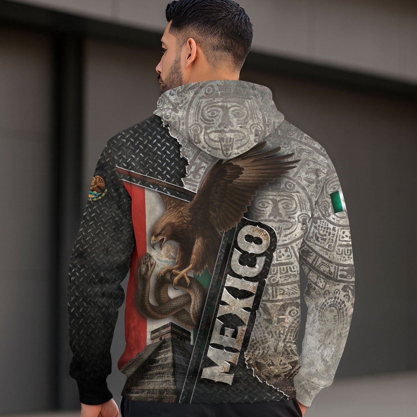Mexico Flag Eagle Serpent Aztec Pyramid Stone Steel Heritage Warrior Pride Hoodie