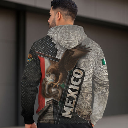 Mexico Flag Eagle Serpent Aztec Pyramid Stone Steel Heritage Warrior Pride Hoodie