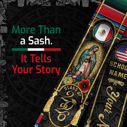 Custom Mexican USA Flag Graduation Stole 2026 Mexico Sash Virgin Mary Cross Aztec Patterns