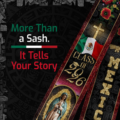 Mexican Graduation Stole Mexico Sash Aztec Virgin Mary Cross Flag Flowers 2026