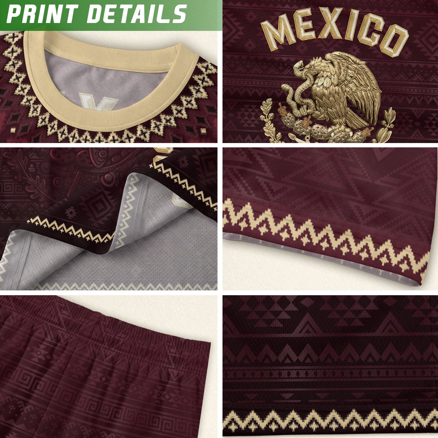 Mexico Soccer Jersey Kids Shorts Set Maroon Aztec Culture Youth Football Outfit Kit
