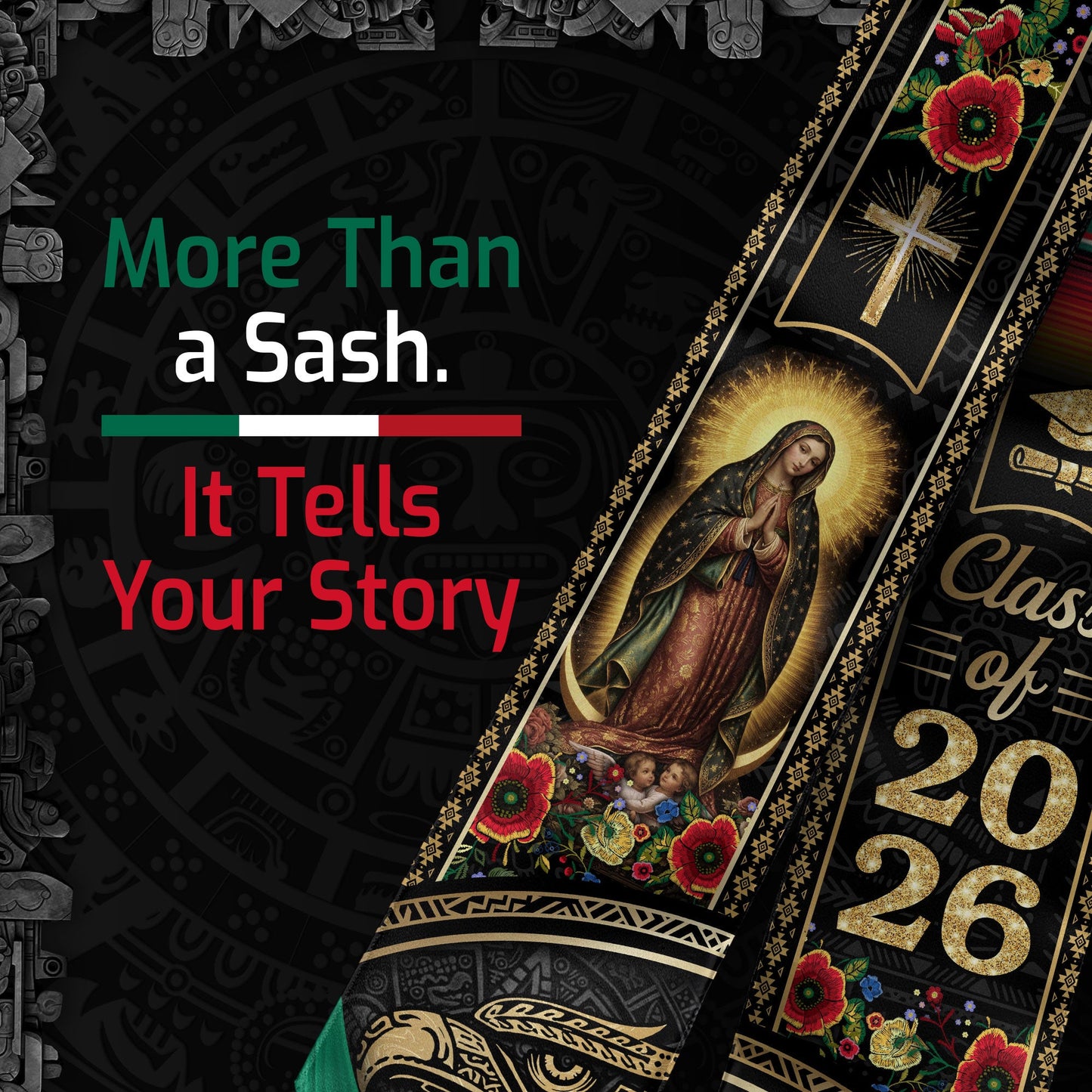 Mexican Graduation Stole Class of 2026 Aztec Eagle Cross Virgin Mary Floral Mexico Flag Sash