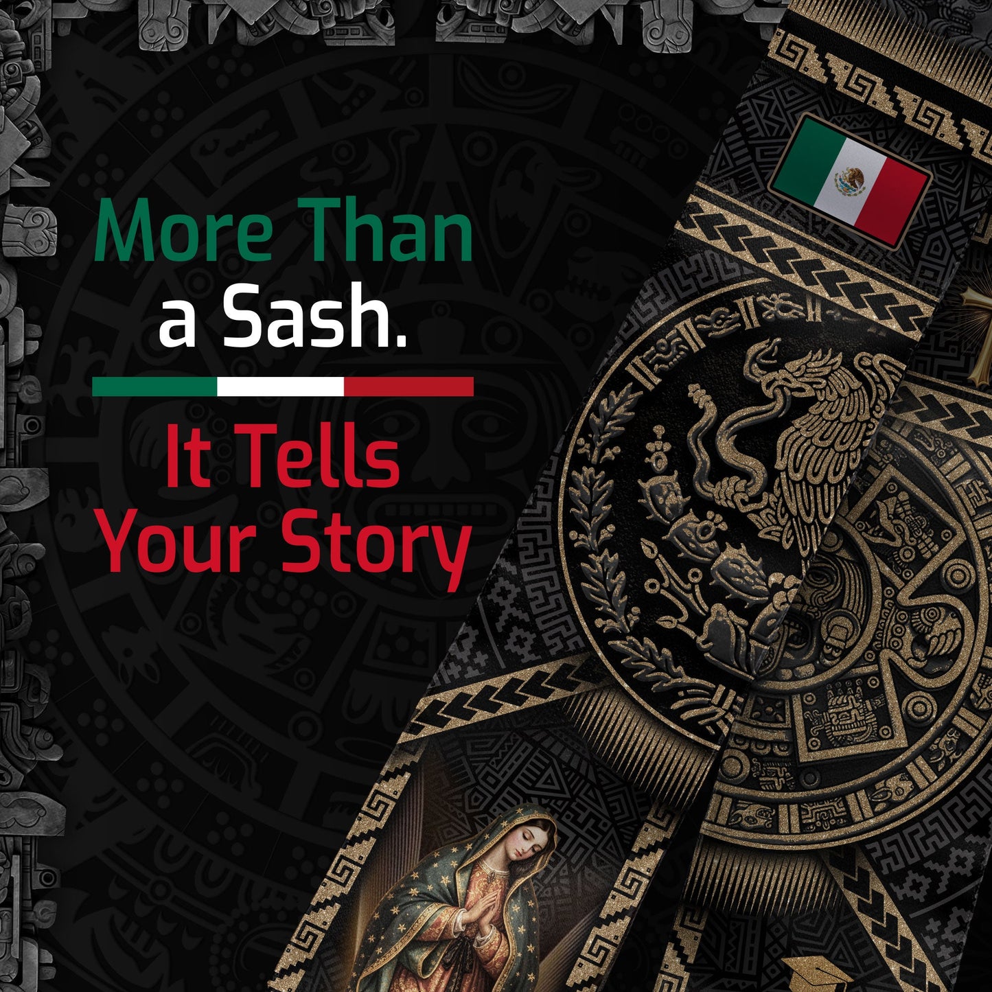 Mexican Graduation Stole 2026, Luxury Black Gold Aztec & Our Lady of Guadalupe