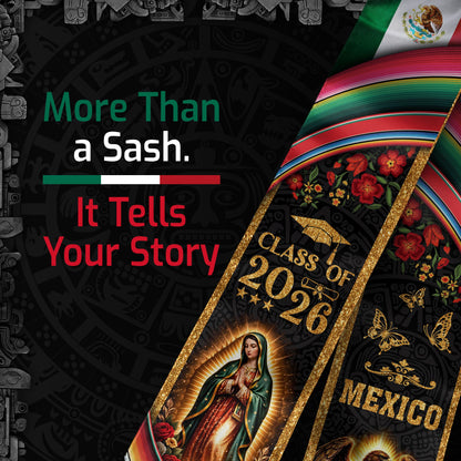 Mexico Graduation Stole Class of 2026 Virgin Mary Guadalupe Eagle US Flag Serape Sash