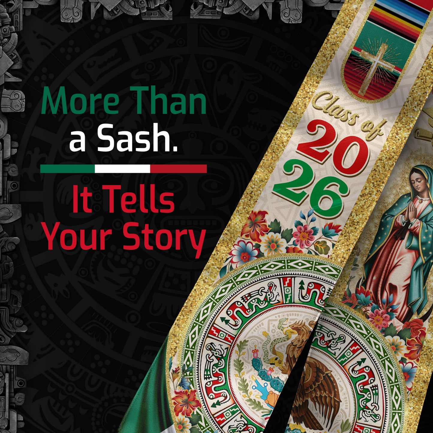 Mexico Graduation Stole Class of 2026 – Virgen De Guadalupe Mexican Flag Sash