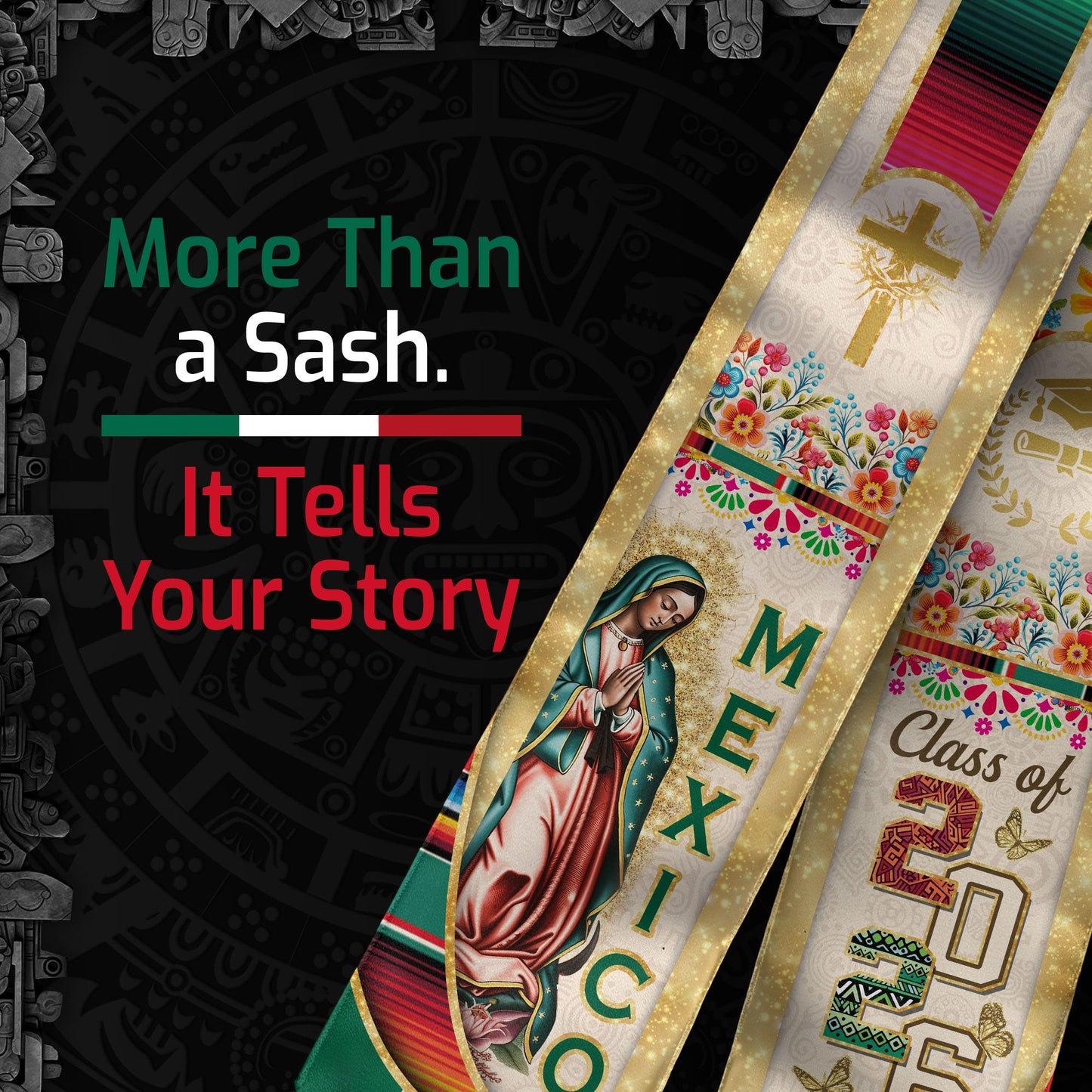 Mexican Graduation Stole Class of 2026 – Guadalupe Catholic Mexico Flag Sash