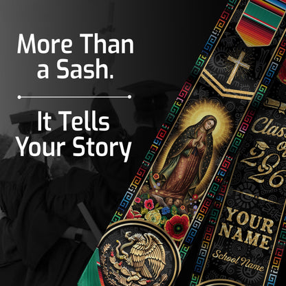 Custom Mexico USA Graduation Stole 2026 Virgin of Guadalupe Aztec Calendar Heritage Sash