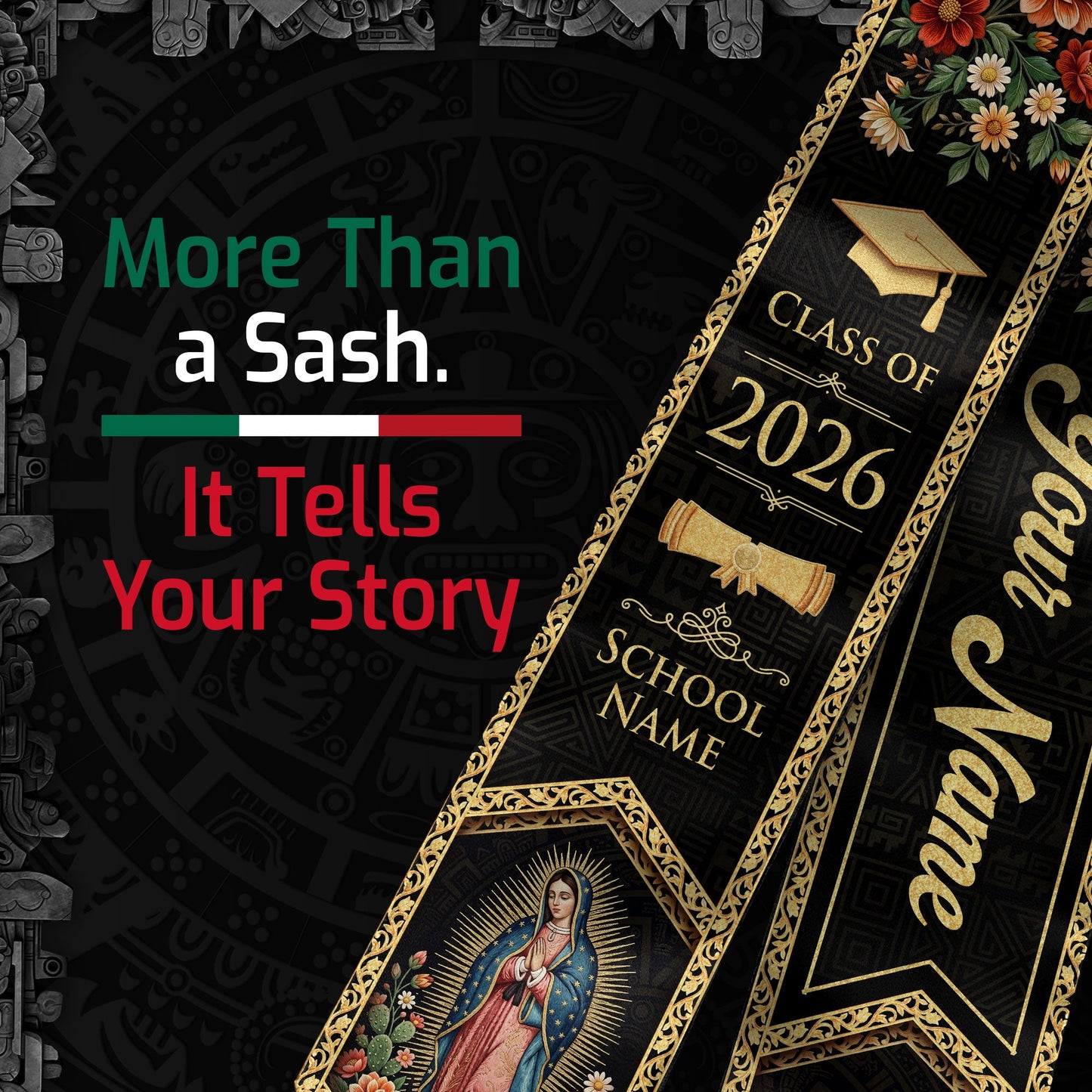 Mexico Graduation Stole Custom Name Class of 2026 Virgin Mary Aztec Eagle Heritage Sash