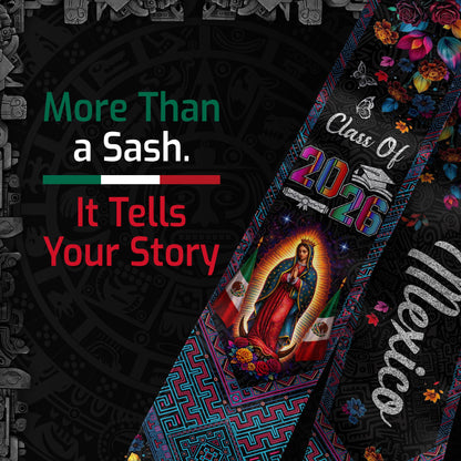 Class of 2026 Mexico Graduation Stole Virgin Guadalupe Floral Cultural Kente Sash