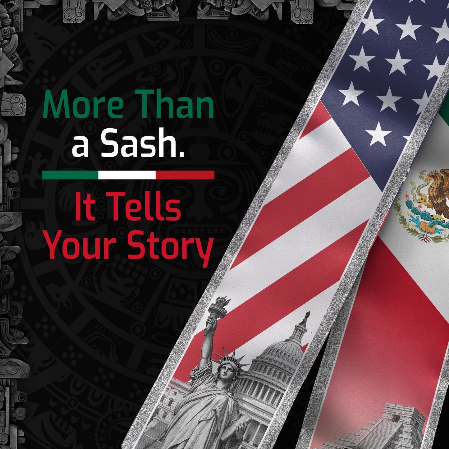 Mexican American Graduation Stole - Silver Glitter Mexico USA Flag Sash