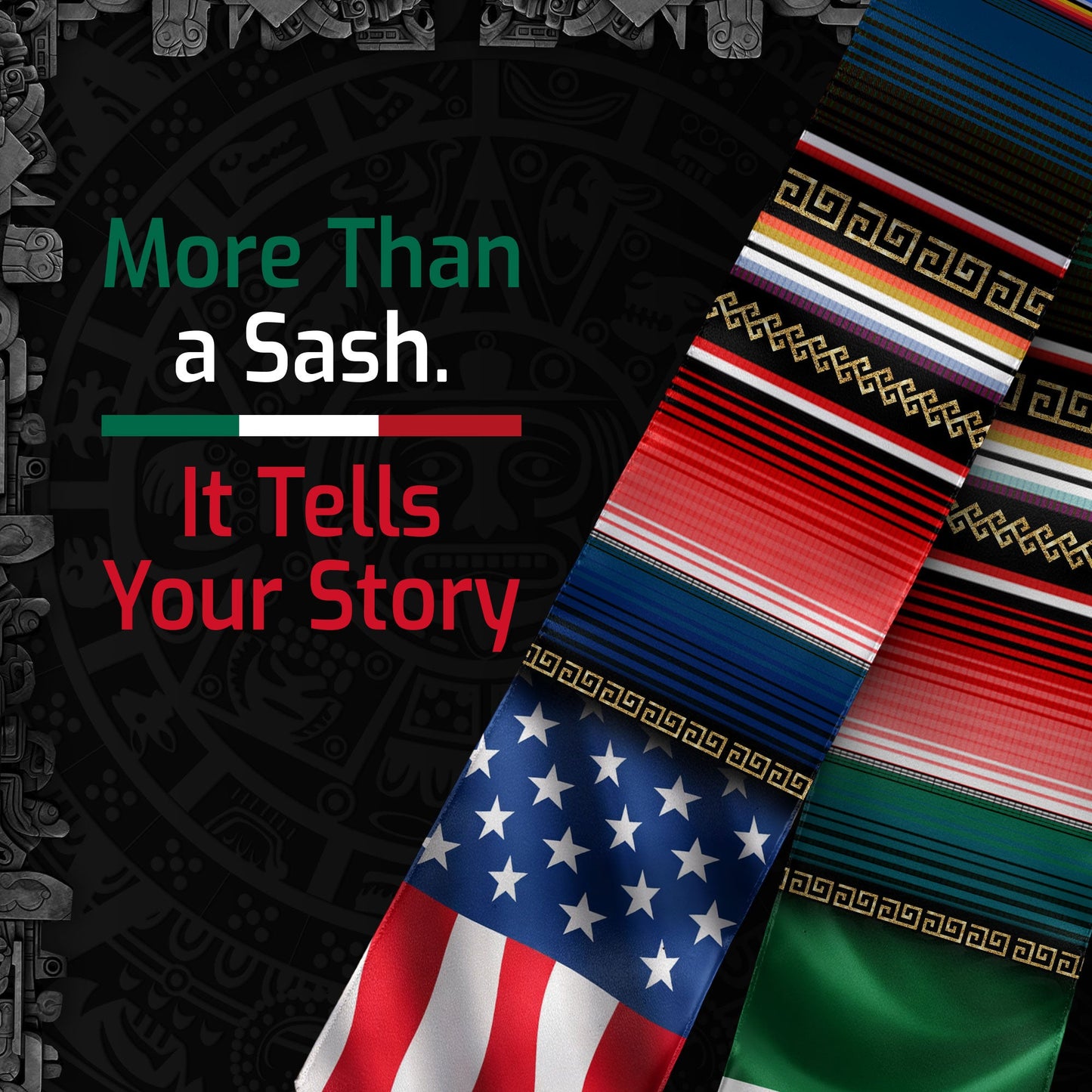 Mexican Heritage Graduation Stole - Aztec Eagle & Pyramid Heritage Sash