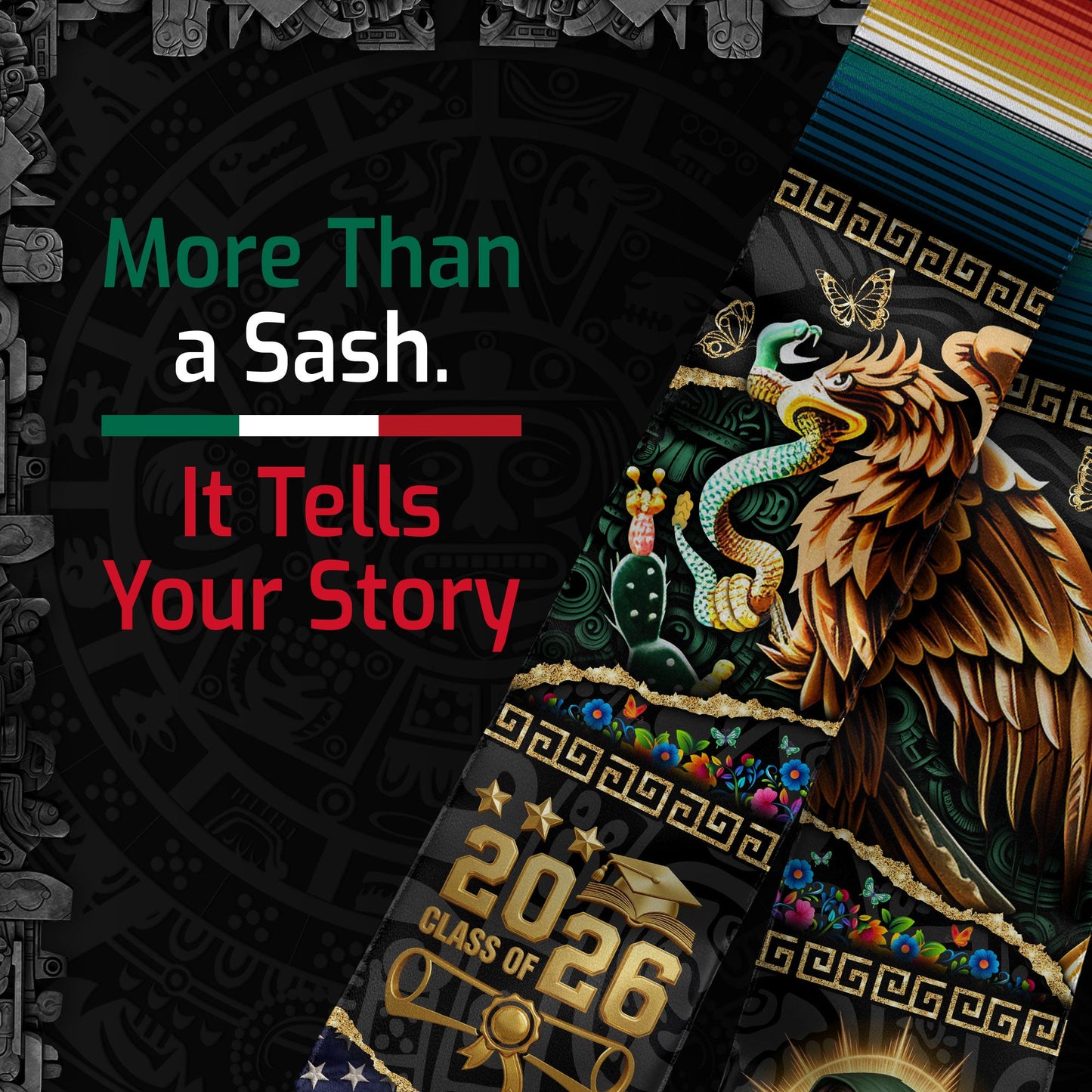 Mexican Graduation Stole 2026, Graduation Sash Mexico, Eagle Serpent Mexican Flag Stole, Mexico Graduation Sash
